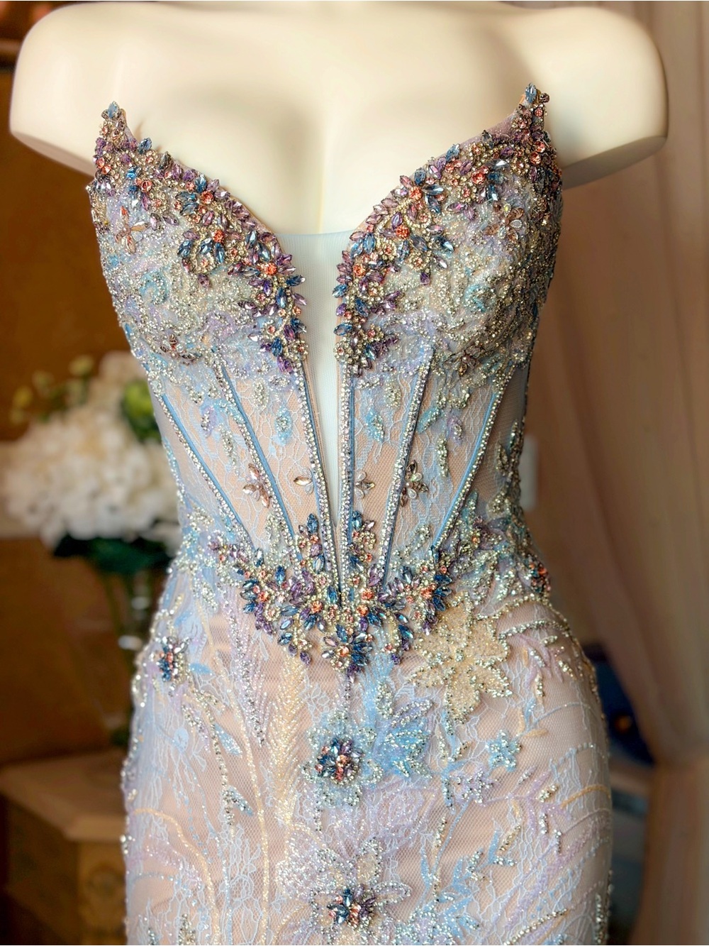 Ice Blue Crystal Beaded Corset Mermaid Prom Gown | Size 2